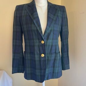 Lauren Ralph Lauren 100% Linen Blazer 6P USA Blackwatch Plaid Gold Crest Buttons